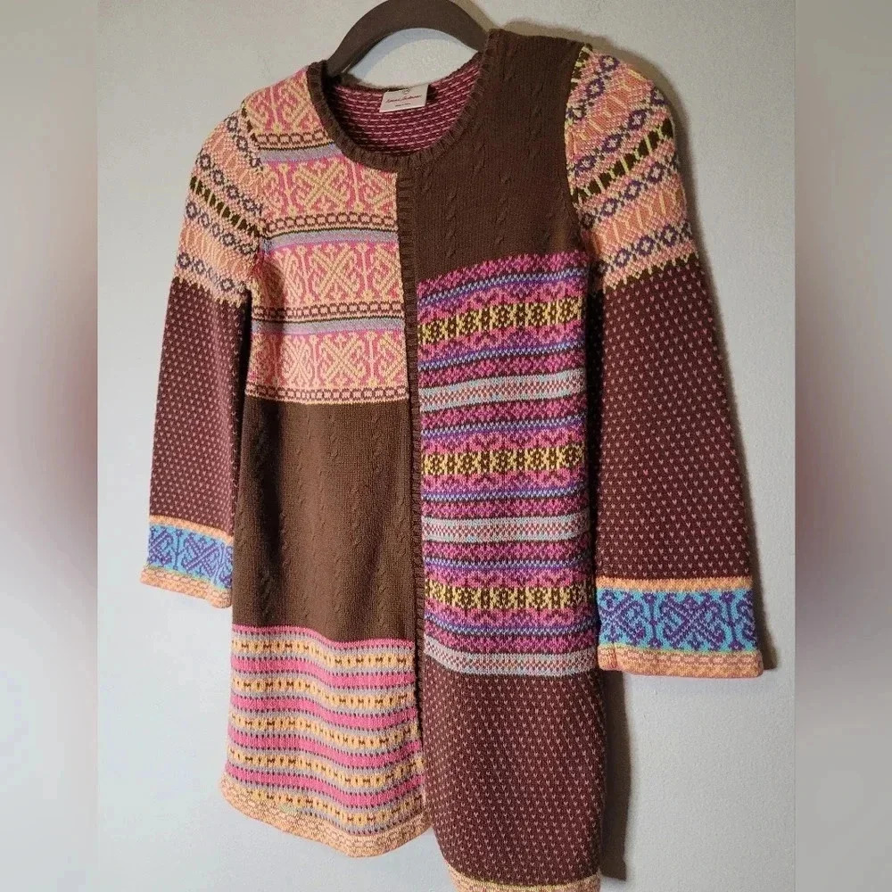 HANNA ANDERSSON Girls brown base colorful knit casual school dress, size 6/7 - Picture 3 of 9